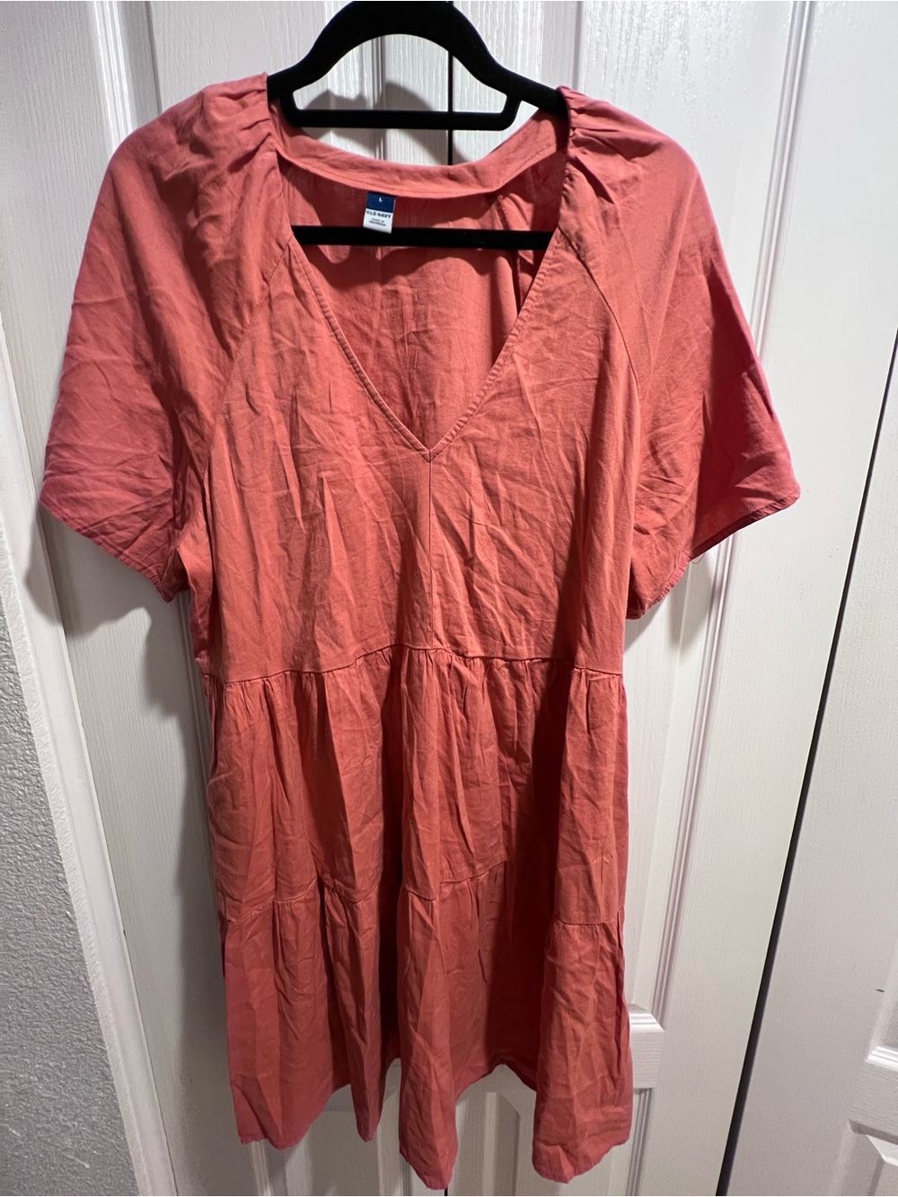 Old Navy Pink Solid V-Neck Short Sleeve Knee Dress w/ Pockets Size L
